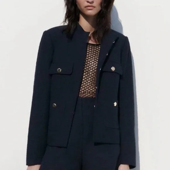 ZARA Textured High Collar Blazer Navy Blue Size M - Picture 1 of 8